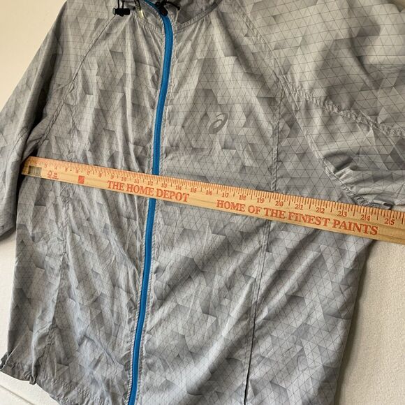 Asics Men Windbreaker Jacket Hood Water Wind Resistant Grey Large Pockets Zipper - Picture 5 of 16